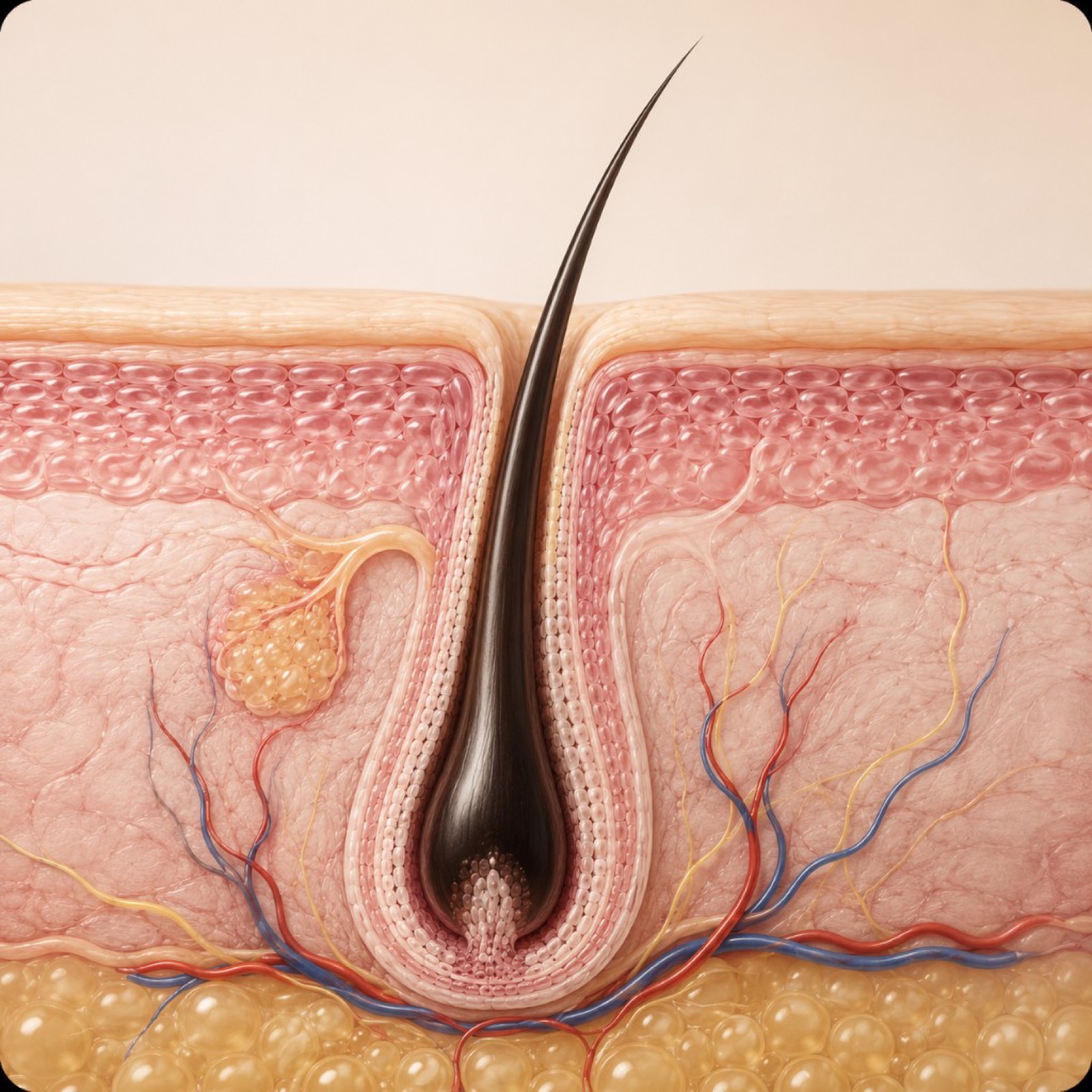 Cross-section illustration of skin layers showing a hair follicle, hair bulb, dermal papilla, and sebaceous gland