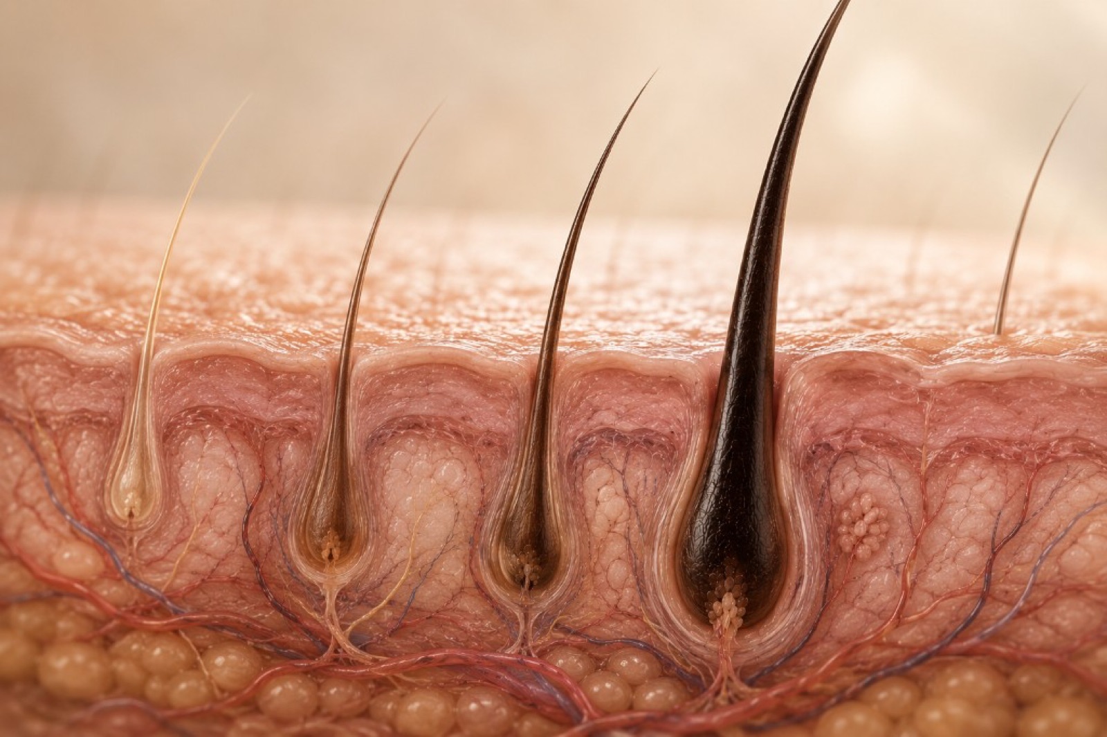 Cross-section illustration of four hair follicles showing progression from fine light hair to thick dark terminal hair
